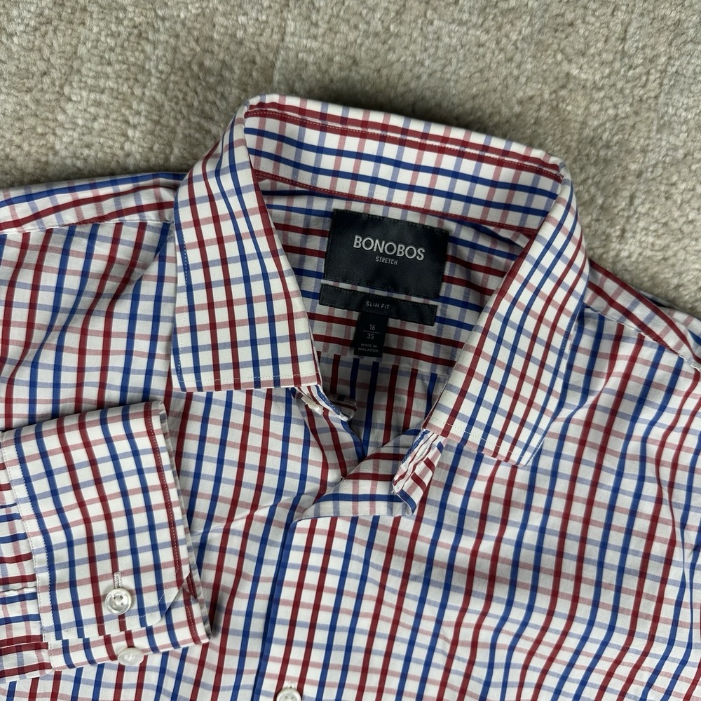 Bonobos Men's L 16/35 Slim Fit Long Sleeve Button Up Stretch Red White Blue